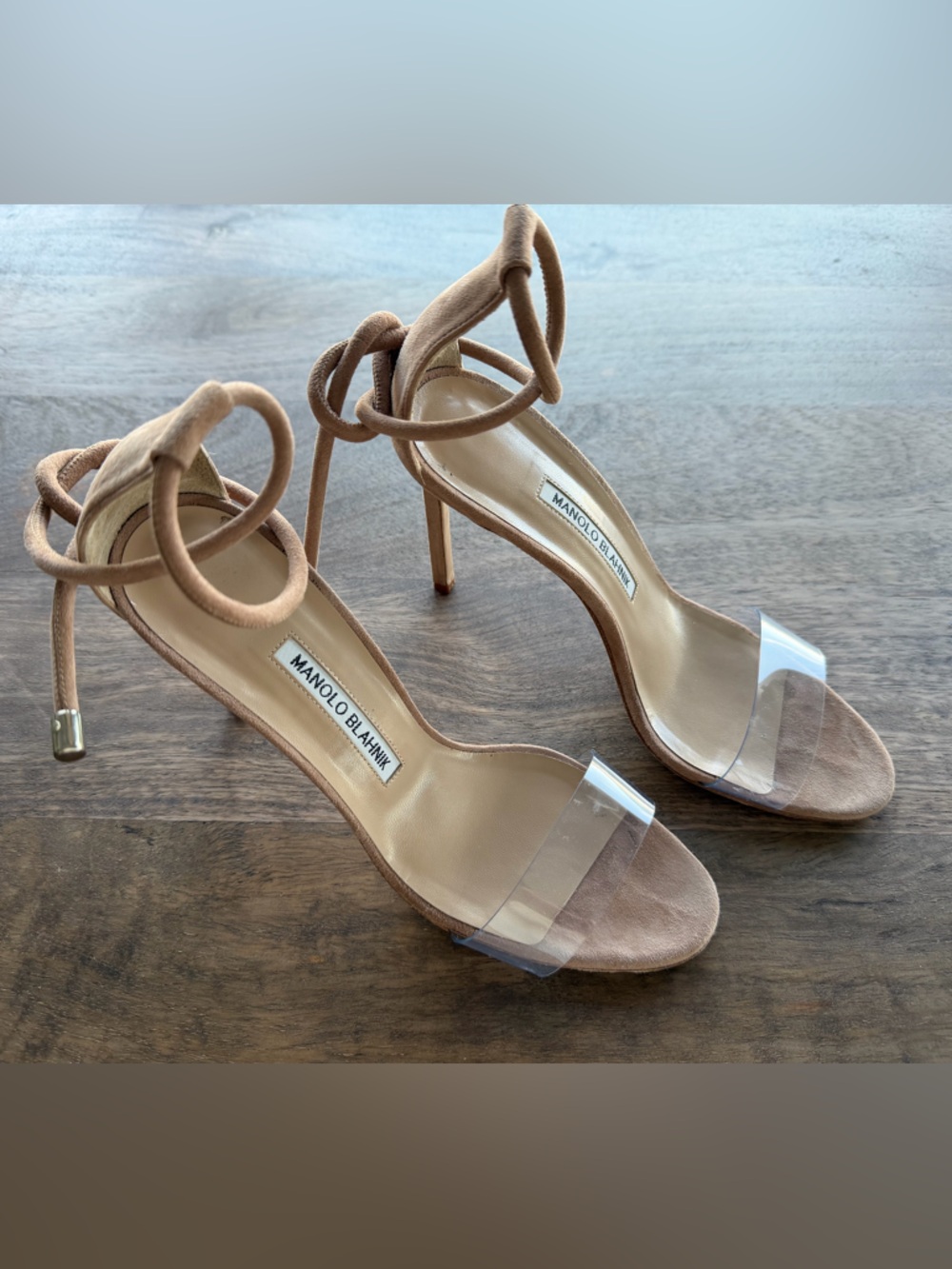 Manolo Blahnik Tan Suede Ankle-Tie Heels with Clear Toe Strap 38